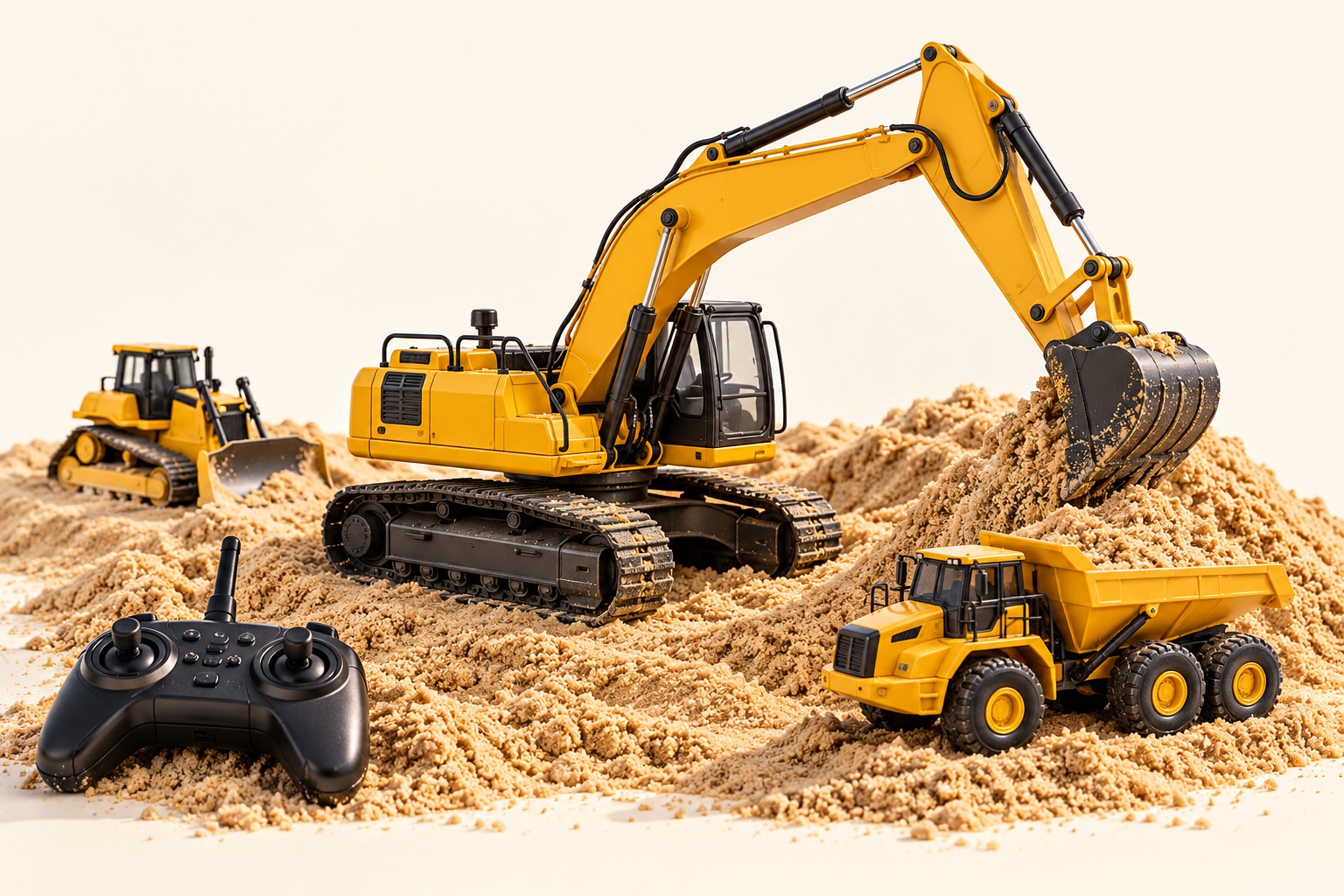 Illustration of miniature yellow construction machines and a remote controller in a sandy play area